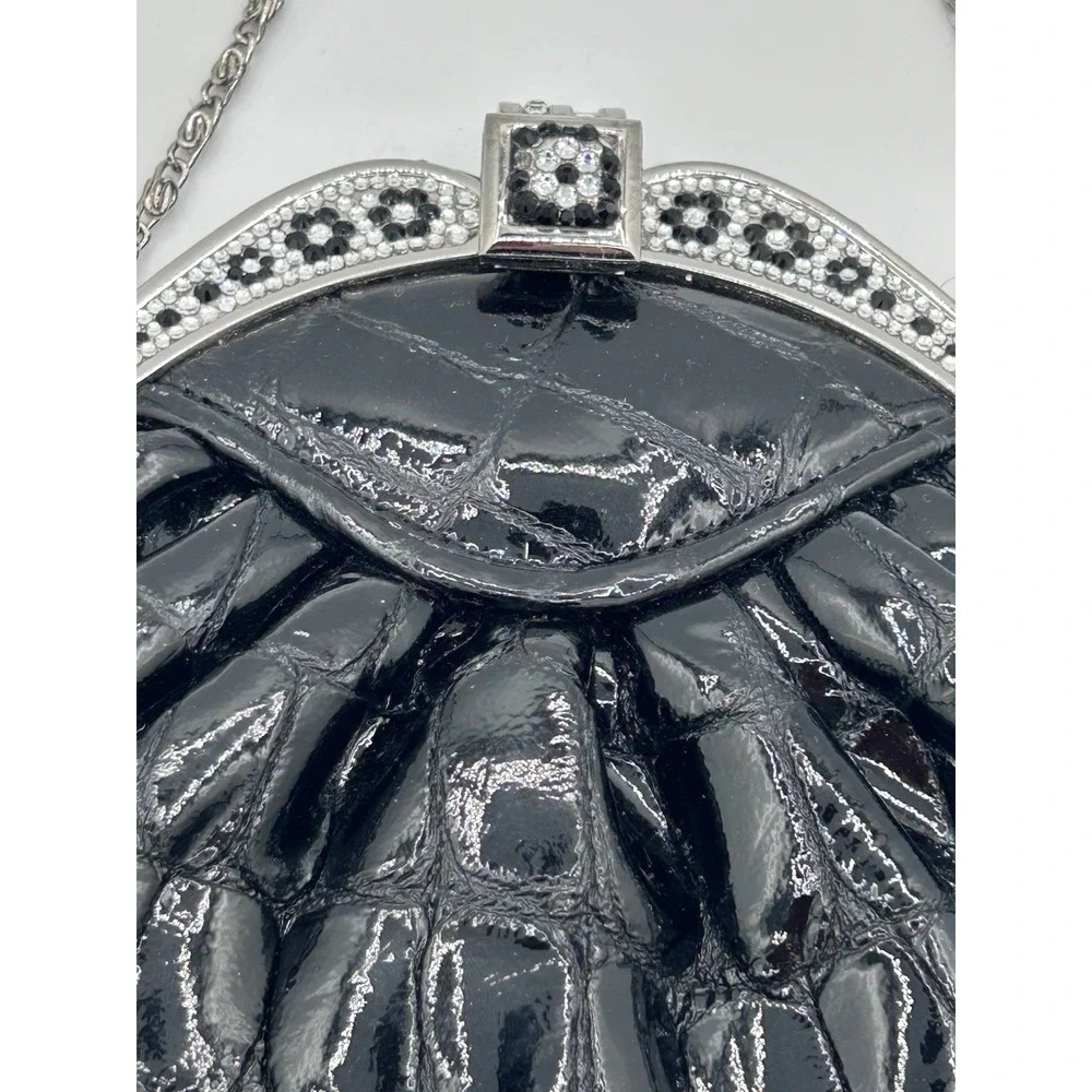 VTG. Black Patent Croc Embossed Clutch Rhinestone Floral Evening Bag Chain Strap